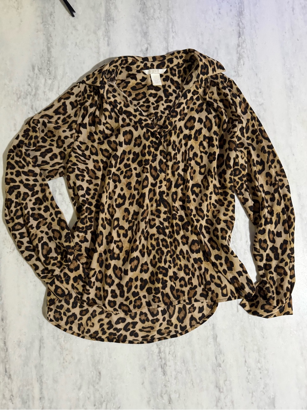 H&M Neutral Classic Leopard Print Long-Sleeve Collared V-Neck Women’s Top S